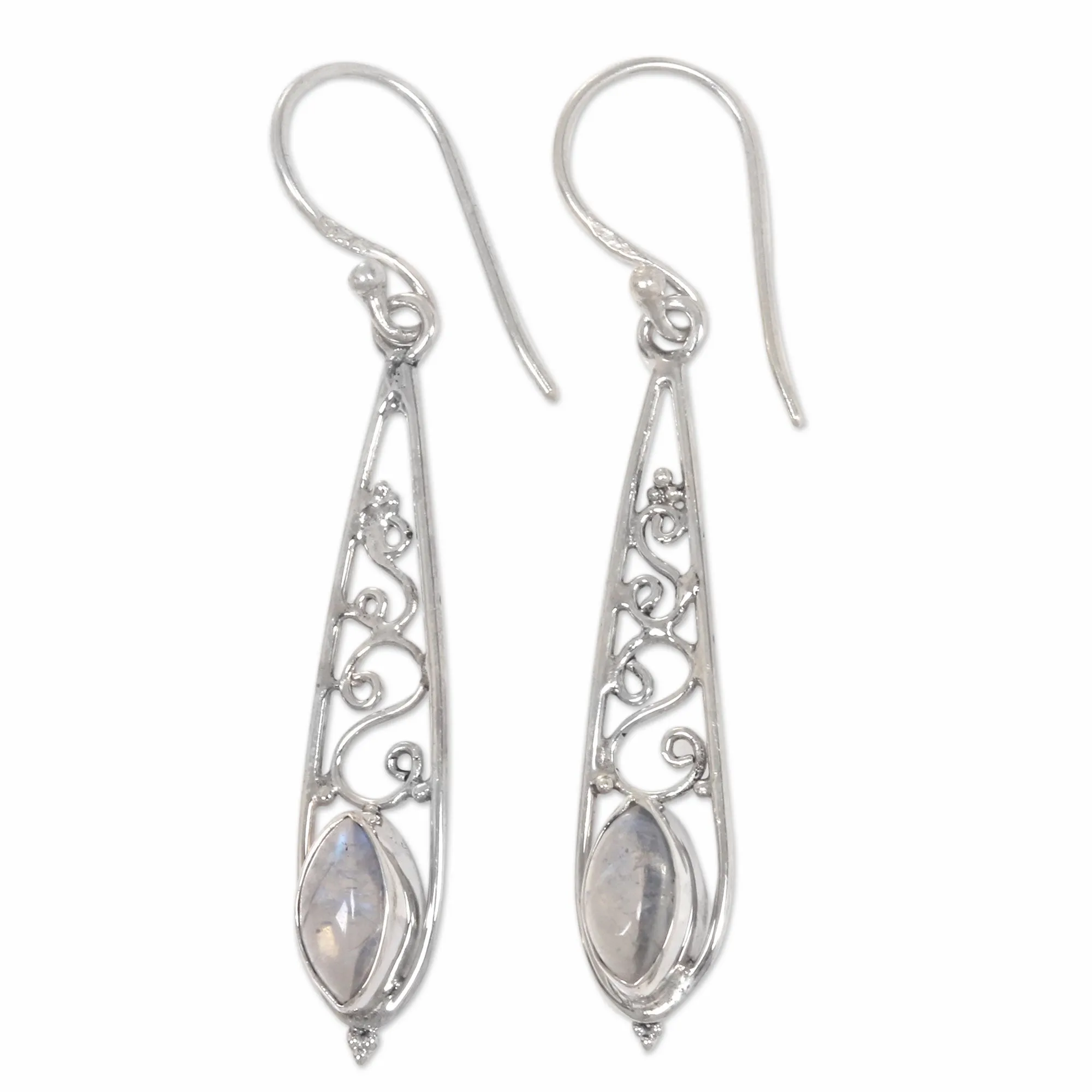 Jasmine Dew Artisan Crafted Rainbow Moonstone Silver Dangle Earrings