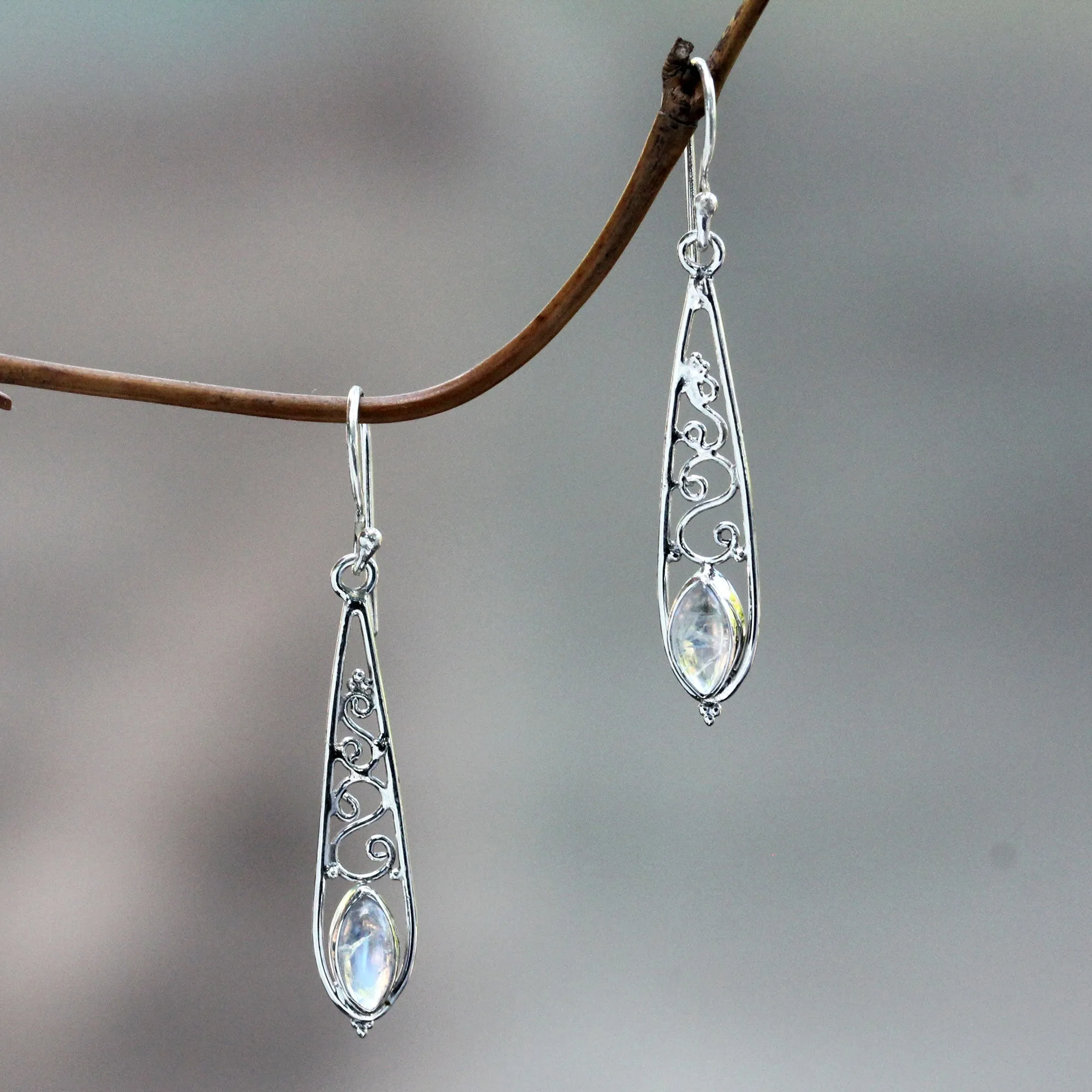 Jasmine Dew Artisan Crafted Rainbow Moonstone Silver Dangle Earrings