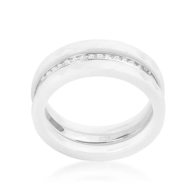 LOVCIA Elegant White Ceramic Triple Band Ring with Sparkling Cubic Zirconia