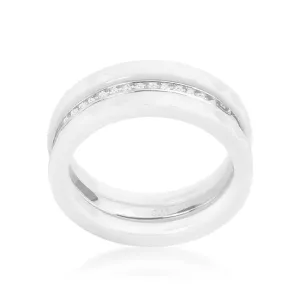 LOVCIA Elegant White Ceramic Triple Band Ring with Sparkling Cubic Zirconia