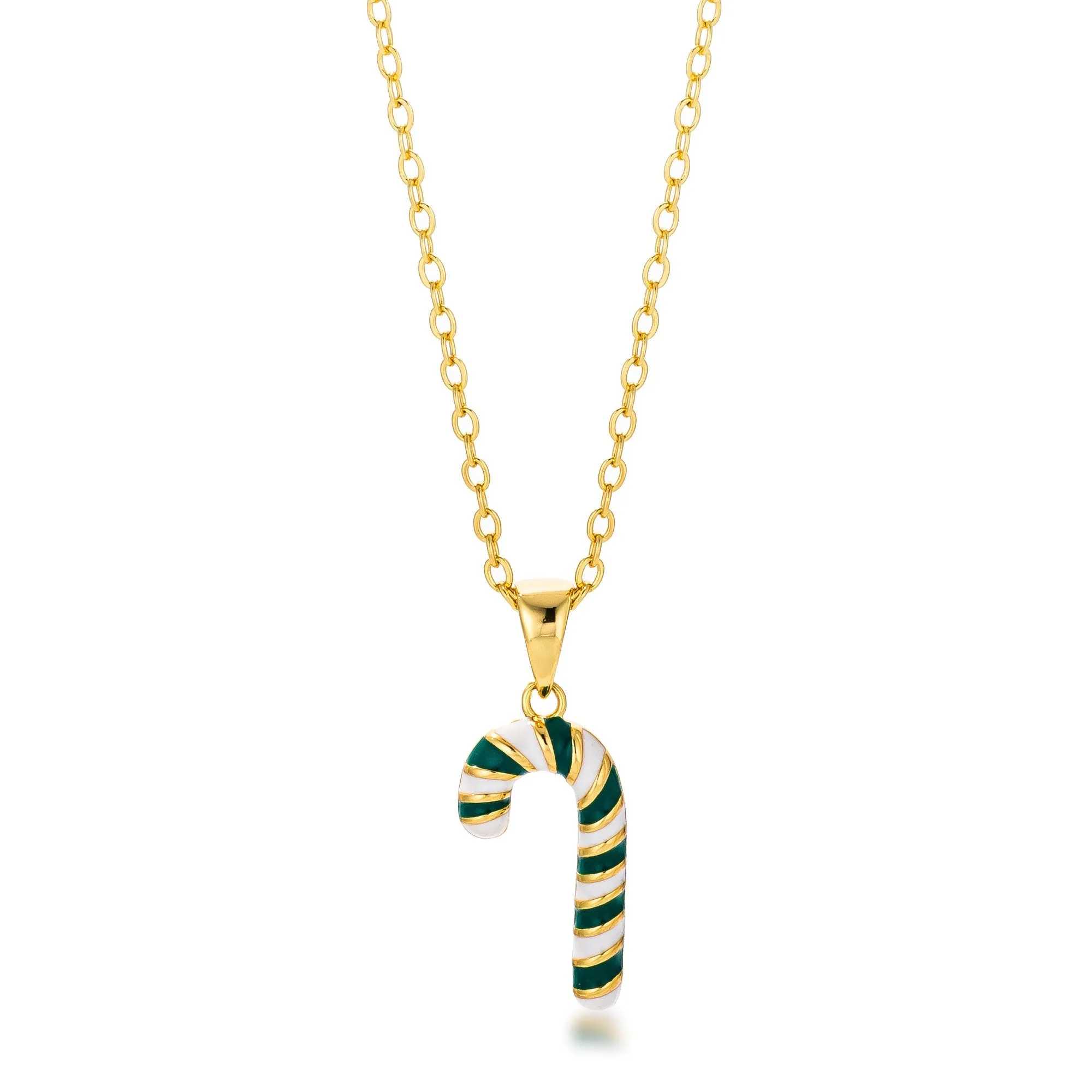 LOVCIA Festive Enamel Candy Cane Pendant Necklace in Gold Plating