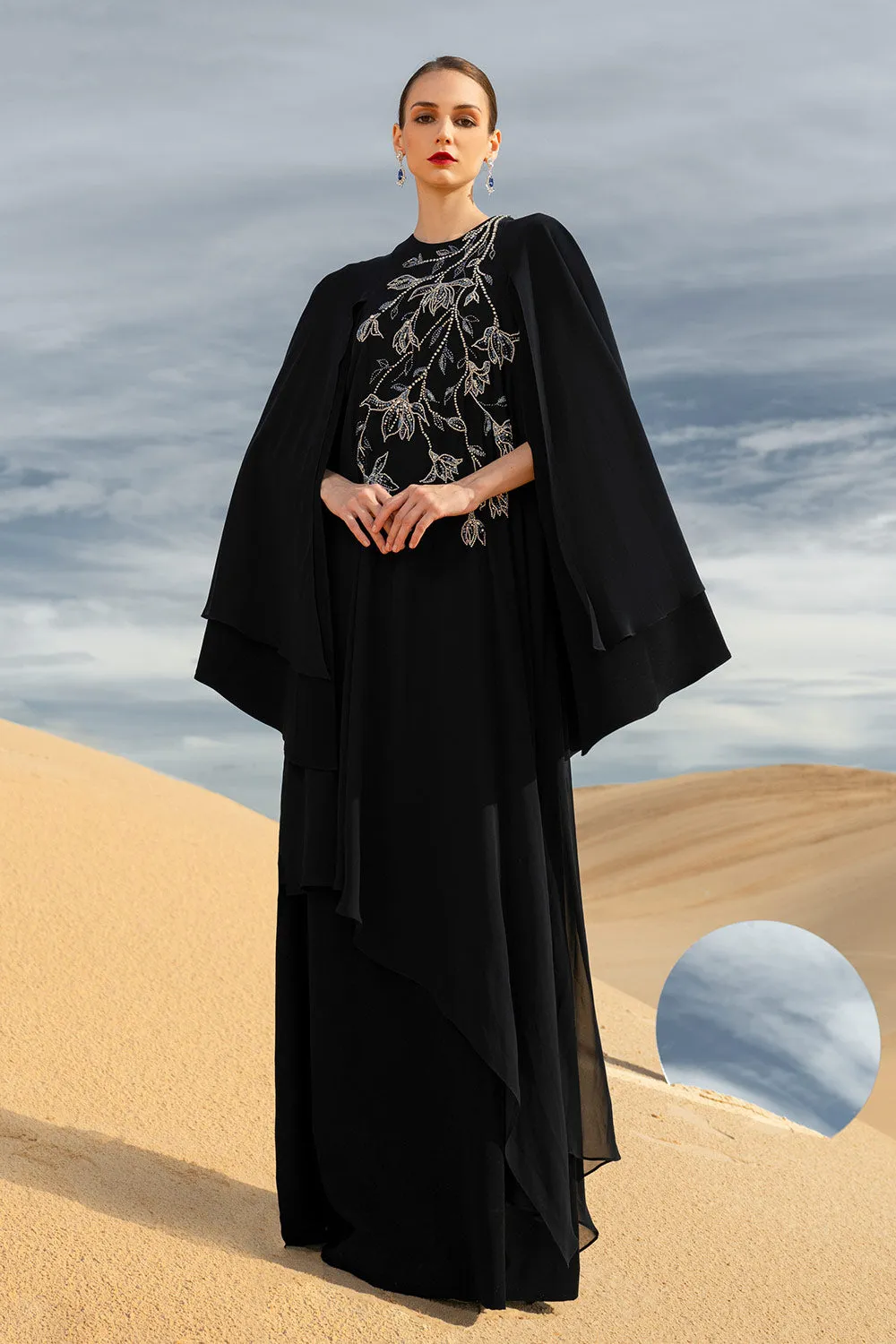 Malina Straight Cape Sleeved Chiffon Maxi Dress