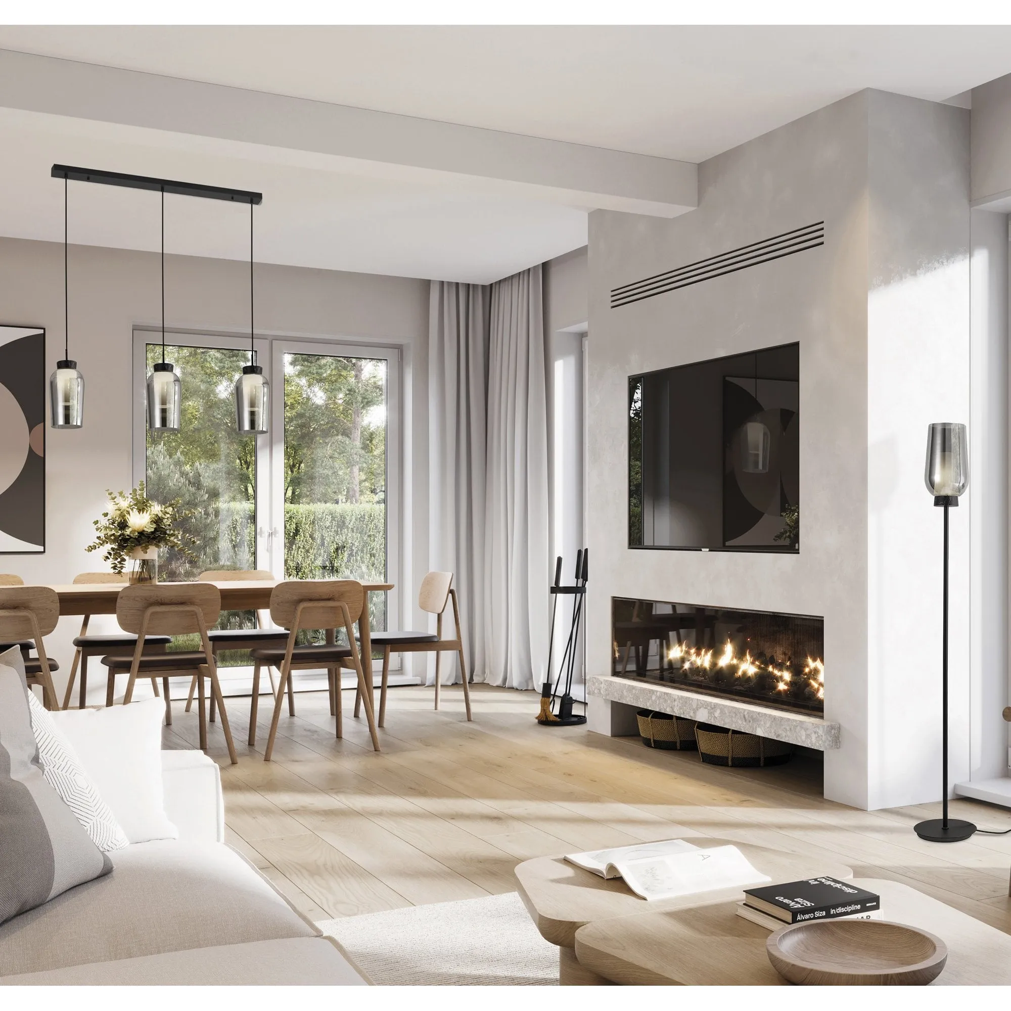 Mantra M8285 Nora 3 Light Linear Pendant Black/Black Marble/Chrome Glass With Frosted Inner