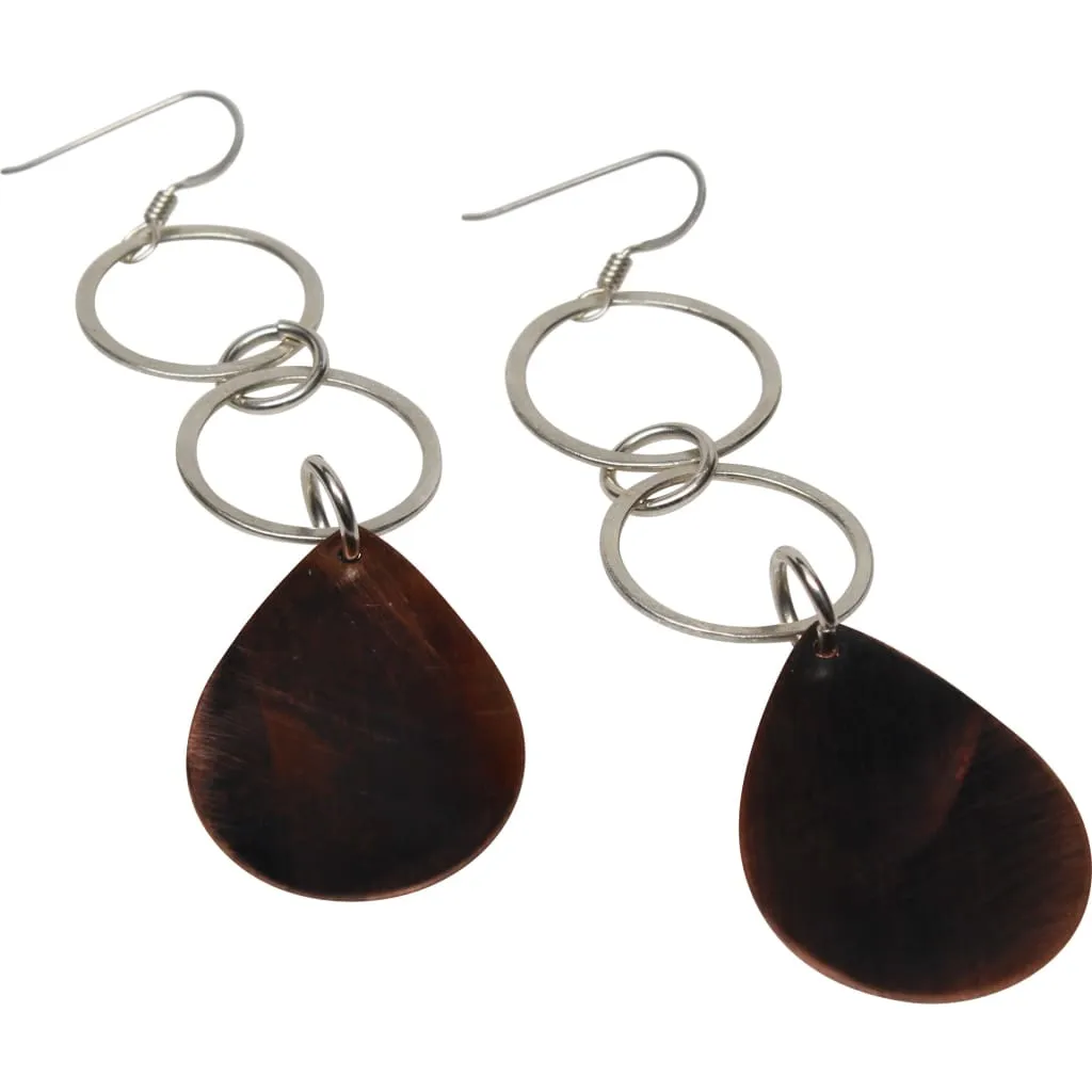 Mixed Metal Copper and Double Silver Hoop Dangle Earrings