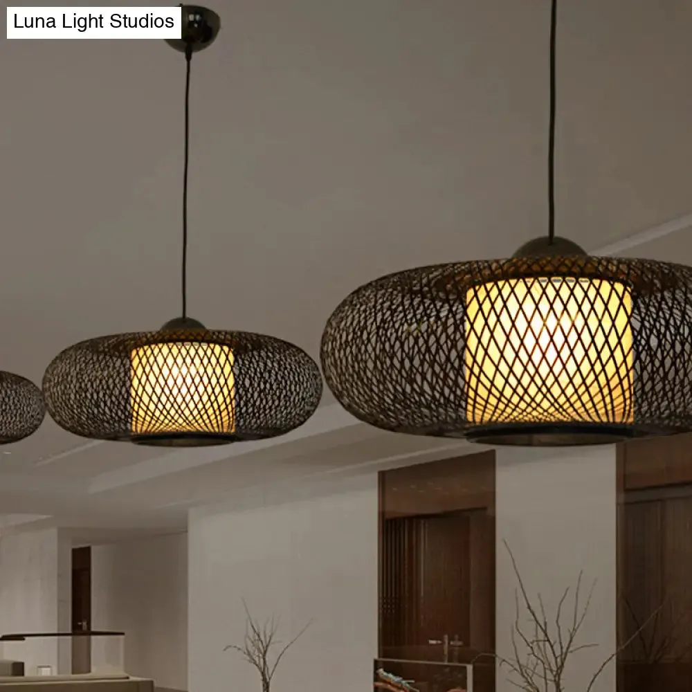 Modern Bamboo Donut Ceiling Lamp in Black/Wood for Living Room