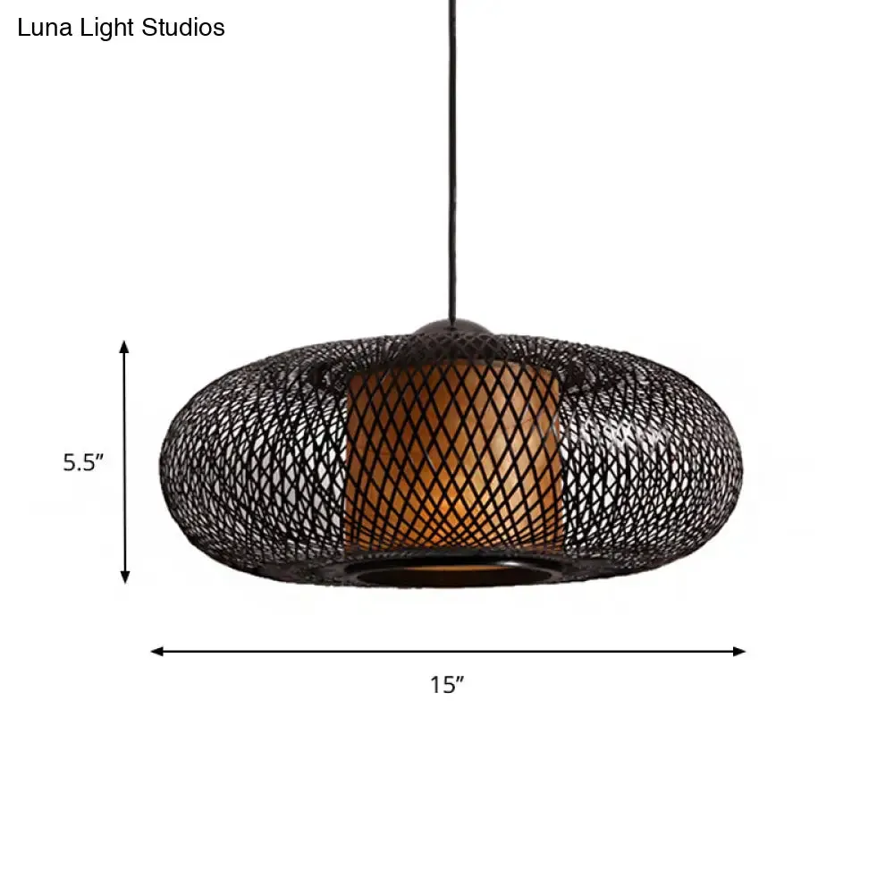 Modern Bamboo Donut Ceiling Lamp in Black/Wood for Living Room