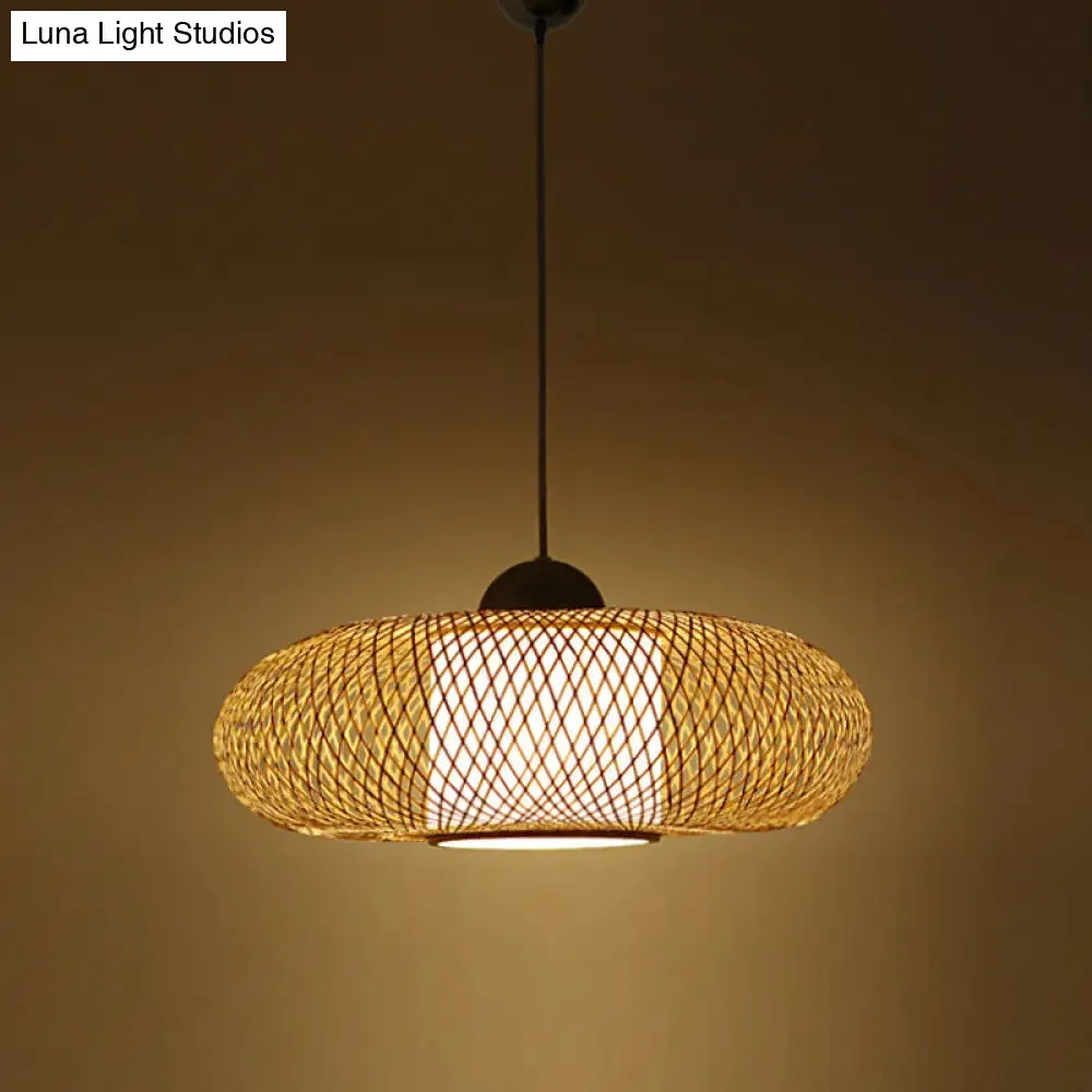 Modern Bamboo Donut Ceiling Lamp in Black/Wood for Living Room