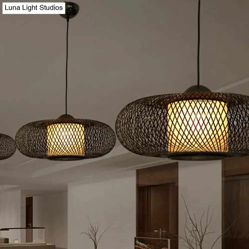 Modern Bamboo Donut Ceiling Lamp in Black/Wood for Living Room