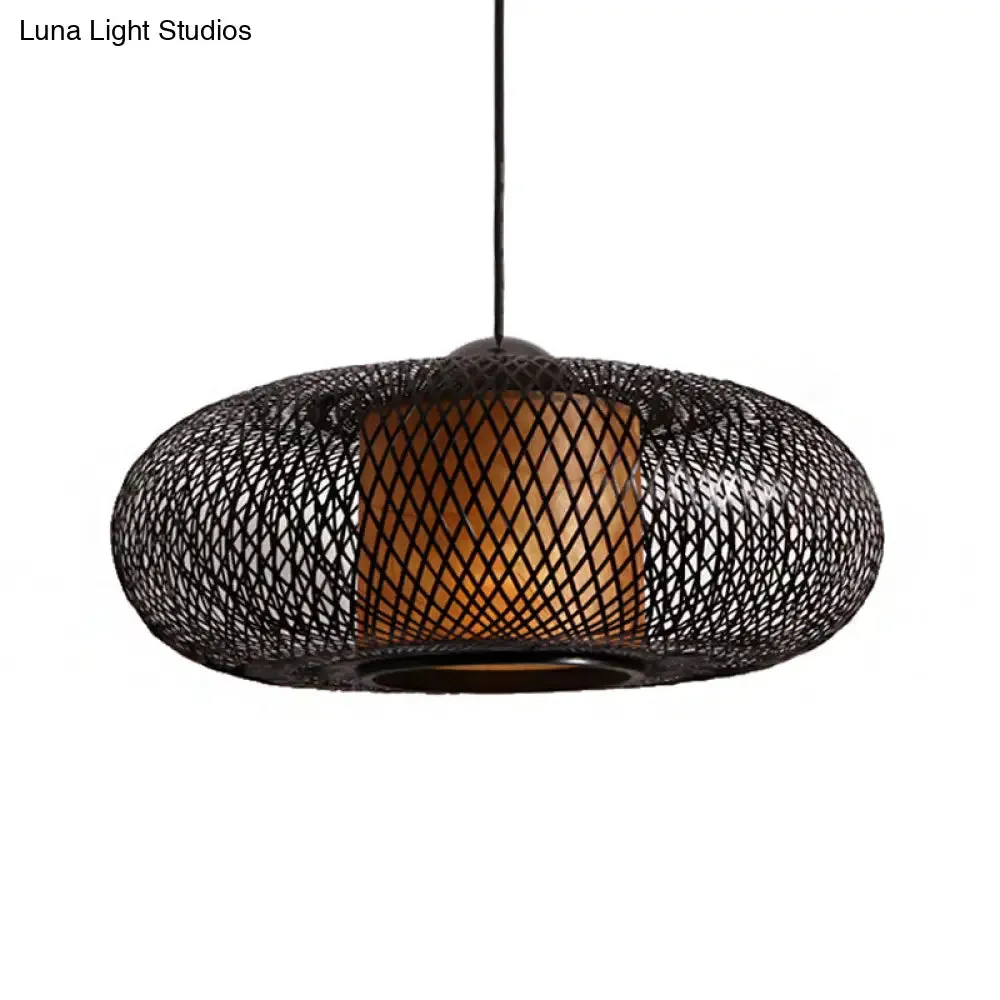 Modern Bamboo Donut Ceiling Lamp in Black/Wood for Living Room