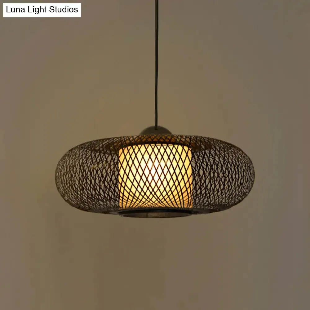 Modern Bamboo Donut Ceiling Lamp in Black/Wood for Living Room