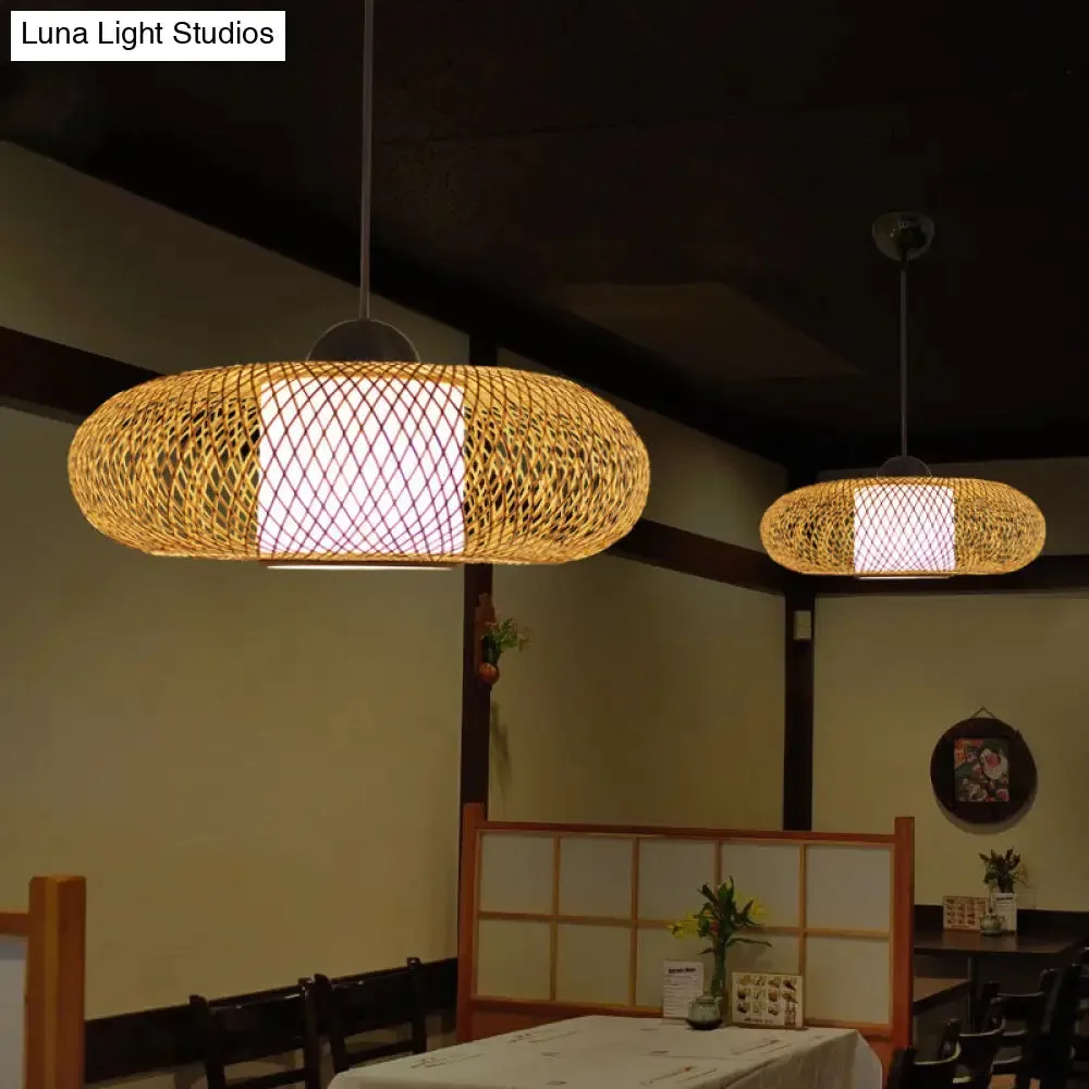 Modern Bamboo Donut Ceiling Lamp in Black/Wood for Living Room
