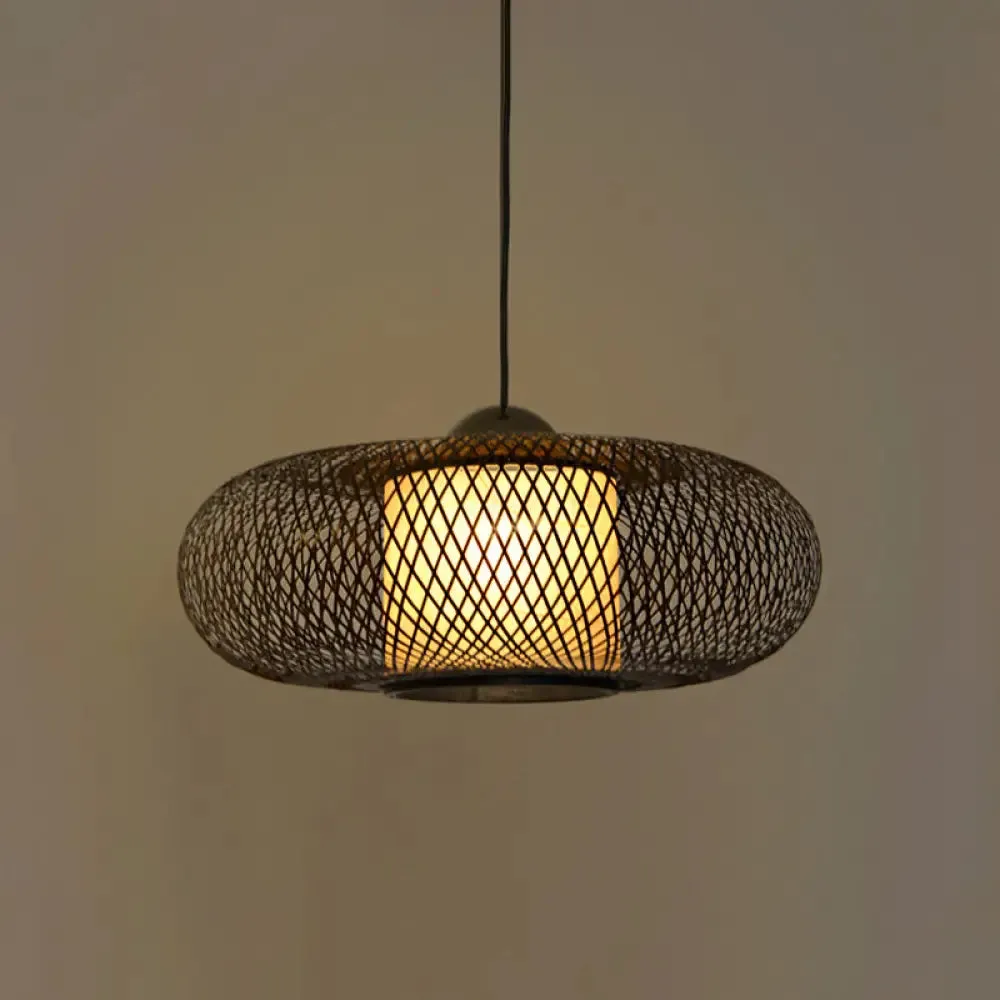Modern Bamboo Donut Ceiling Lamp in Black/Wood for Living Room