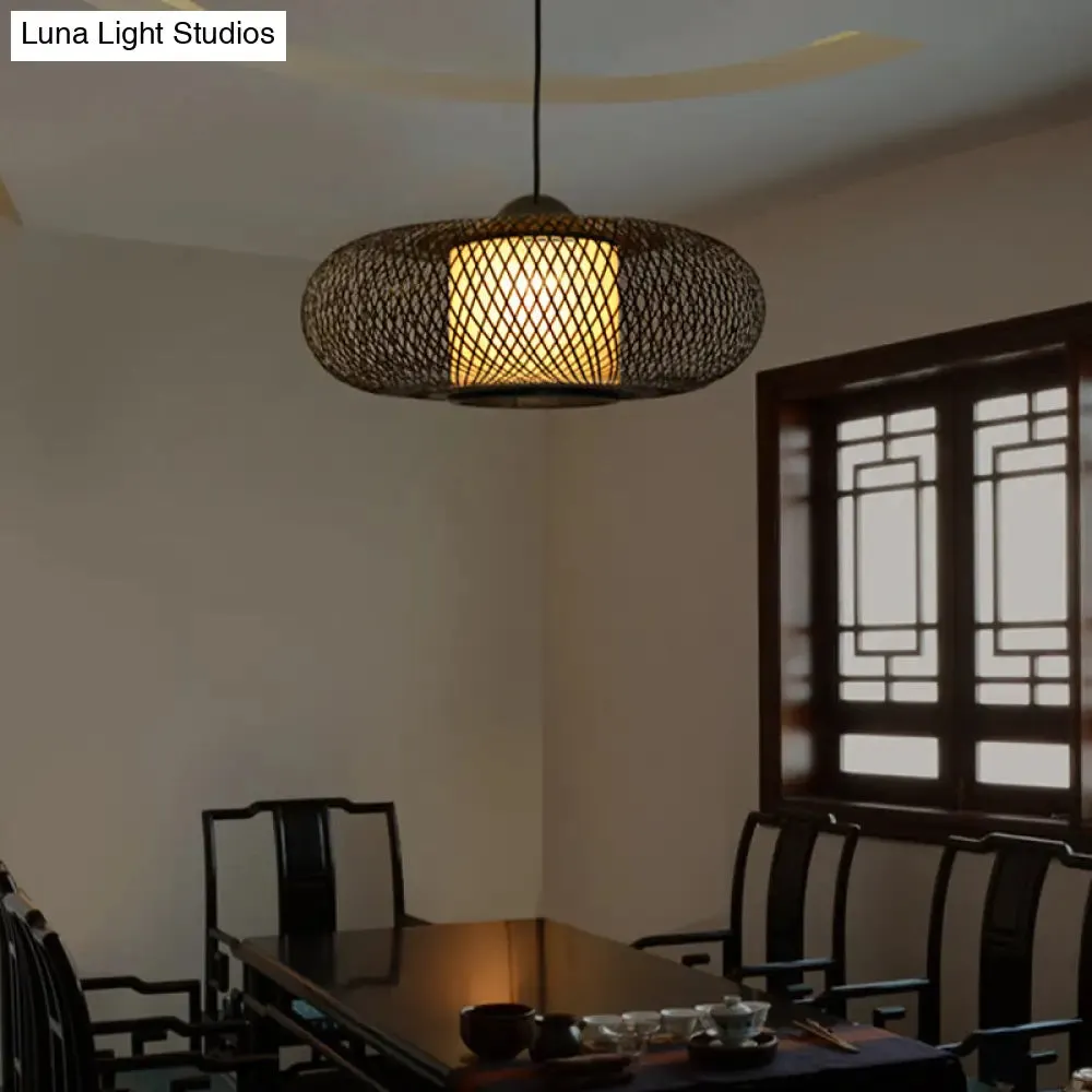 Modern Bamboo Donut Ceiling Lamp in Black/Wood for Living Room