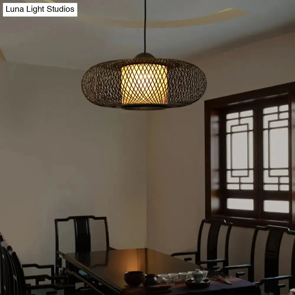 Modern Bamboo Donut Ceiling Lamp in Black/Wood for Living Room