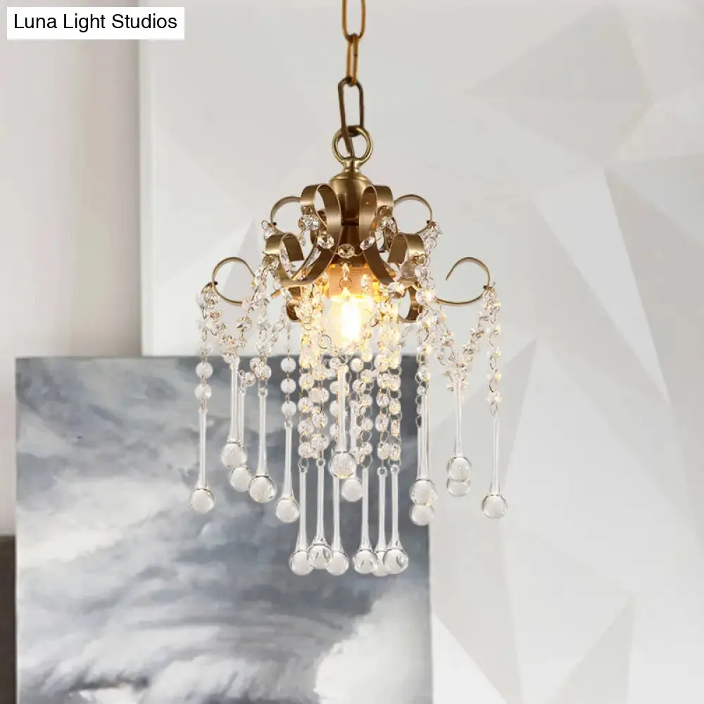 Modern Crystal Beads Pendant Ceiling Lamp - Gold Curved Design, 1 Bulb Suspension for Bedchamber Lighting