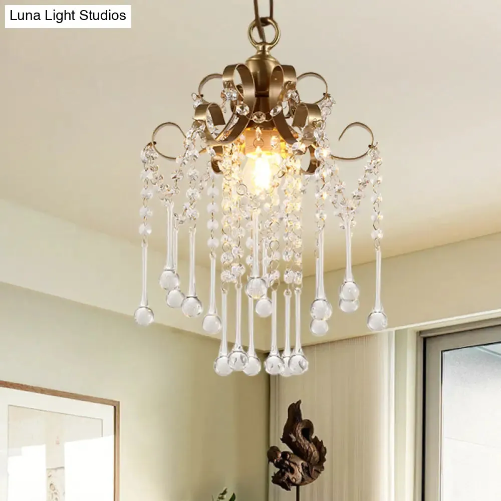 Modern Crystal Beads Pendant Ceiling Lamp - Gold Curved Design, 1 Bulb Suspension for Bedchamber Lighting