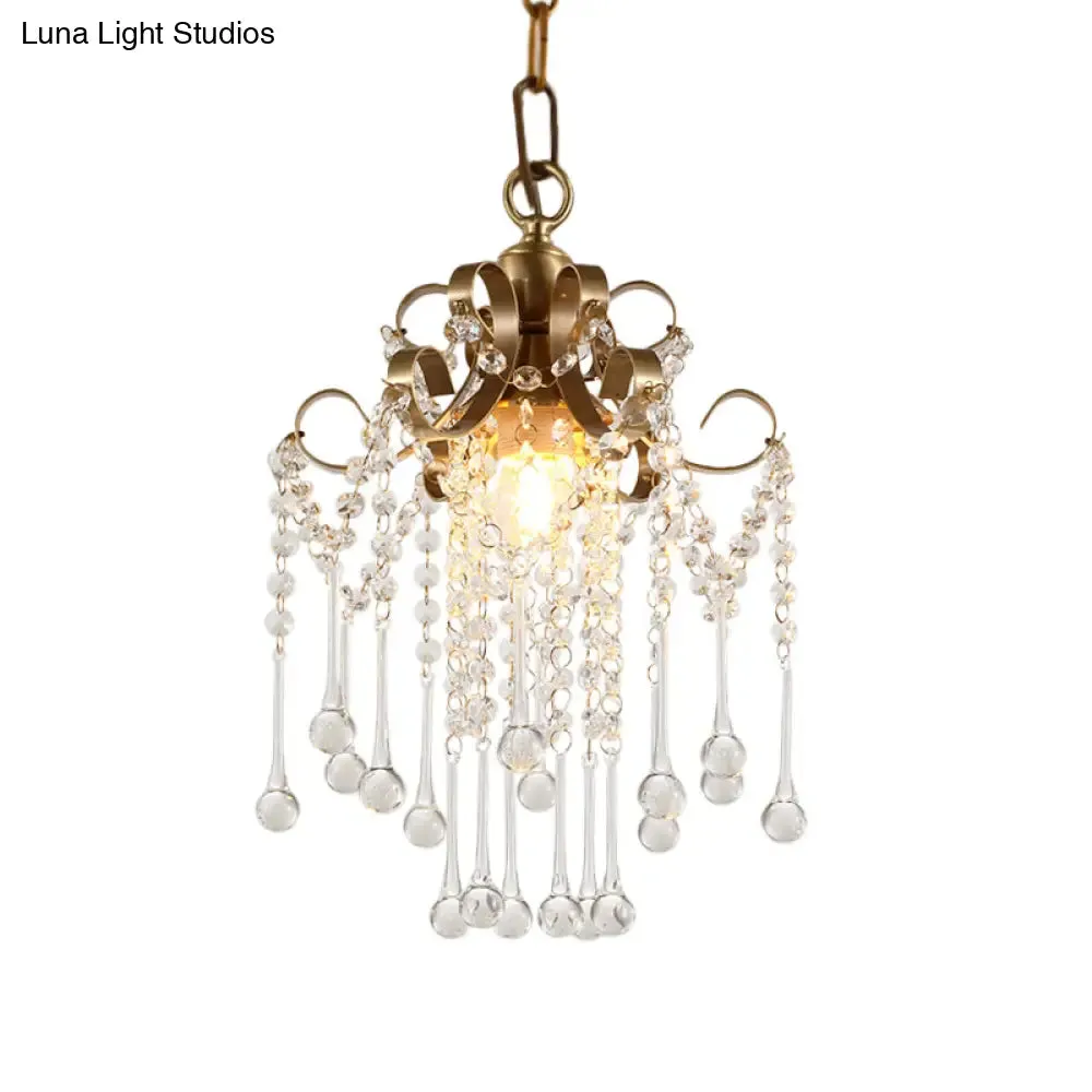 Modern Crystal Beads Pendant Ceiling Lamp - Gold Curved Design, 1 Bulb Suspension for Bedchamber Lighting