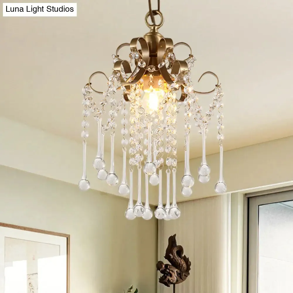 Modern Crystal Beads Pendant Ceiling Lamp - Gold Curved Design, 1 Bulb Suspension for Bedchamber Lighting