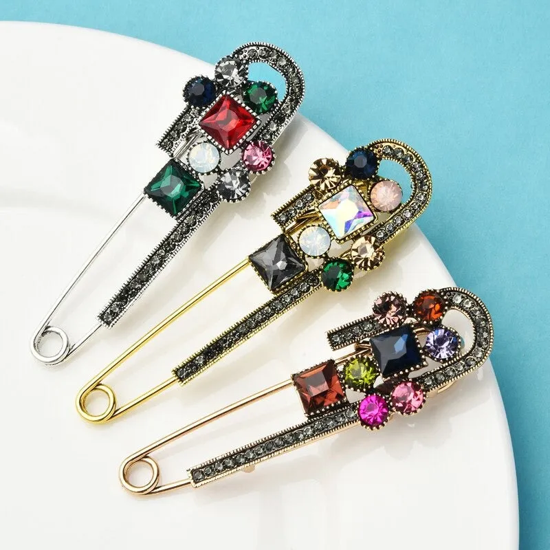Multi-Color Rhinestone Adorned Safety Pin Brooch Pins