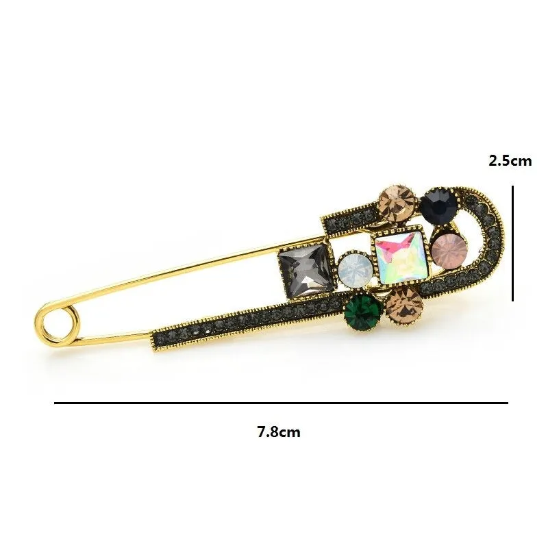 Multi-Color Rhinestone Adorned Safety Pin Brooch Pins
