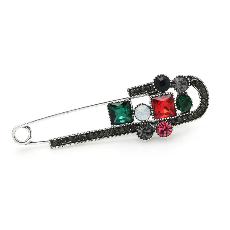 Multi-Color Rhinestone Adorned Safety Pin Brooch Pins