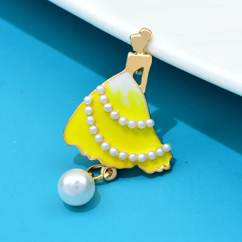New Unique Enamel Dress Women Brooches Beautiful Girl Pearl Pendant Brooch