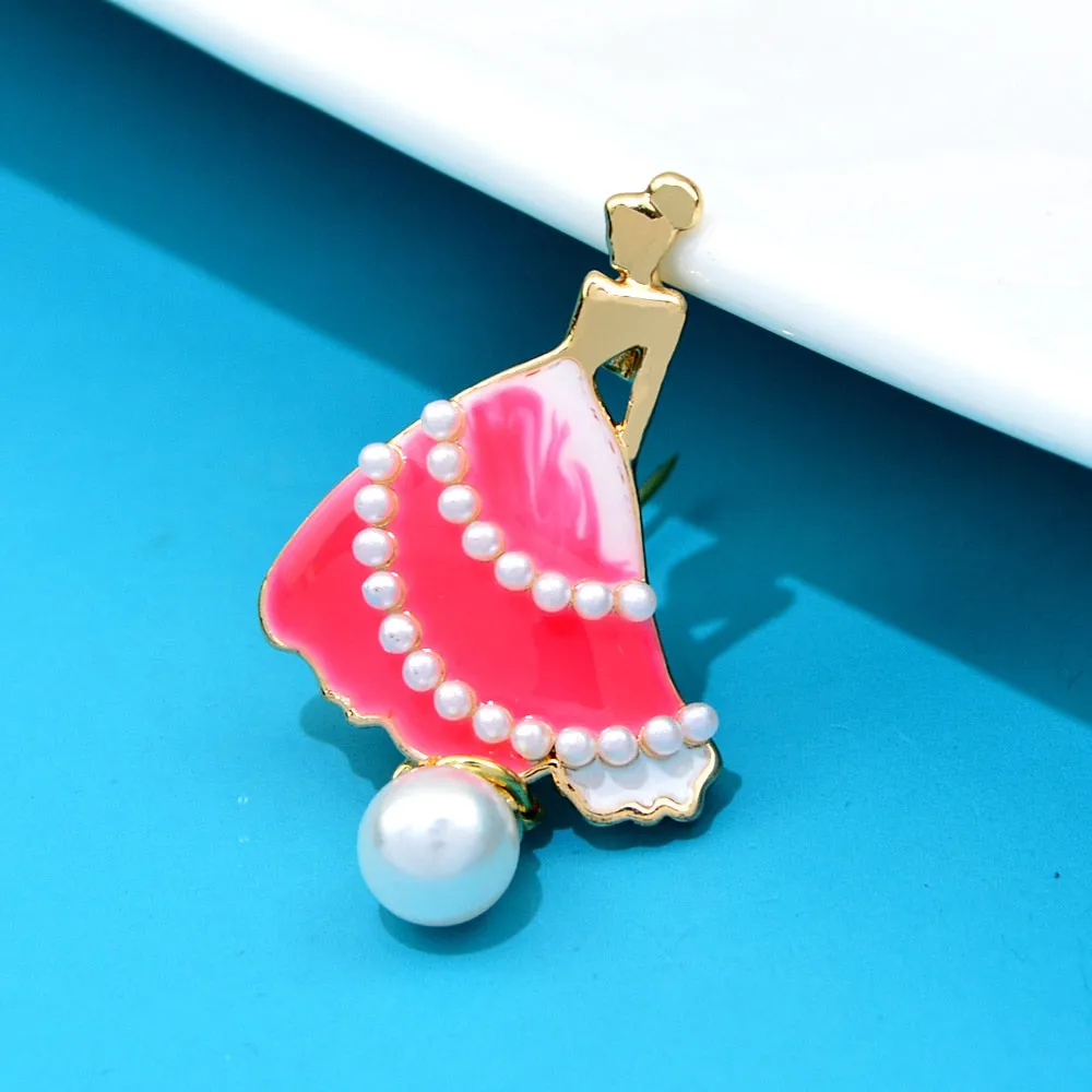 New Unique Enamel Dress Women Brooches Beautiful Girl Pearl Pendant Brooch