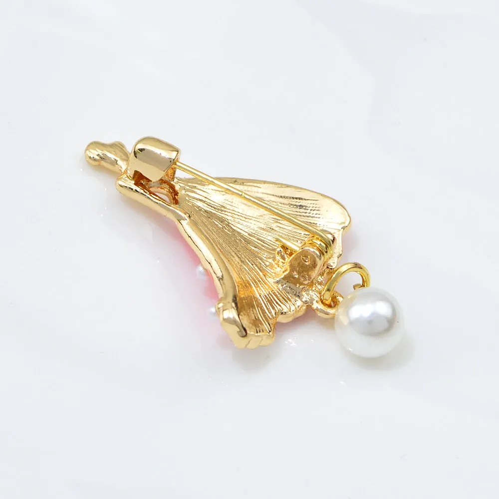New Unique Enamel Dress Women Brooches Beautiful Girl Pearl Pendant Brooch
