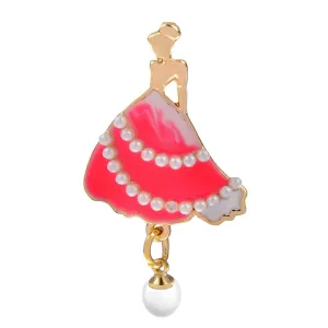 New Unique Enamel Dress Women Brooches Beautiful Girl Pearl Pendant Brooch