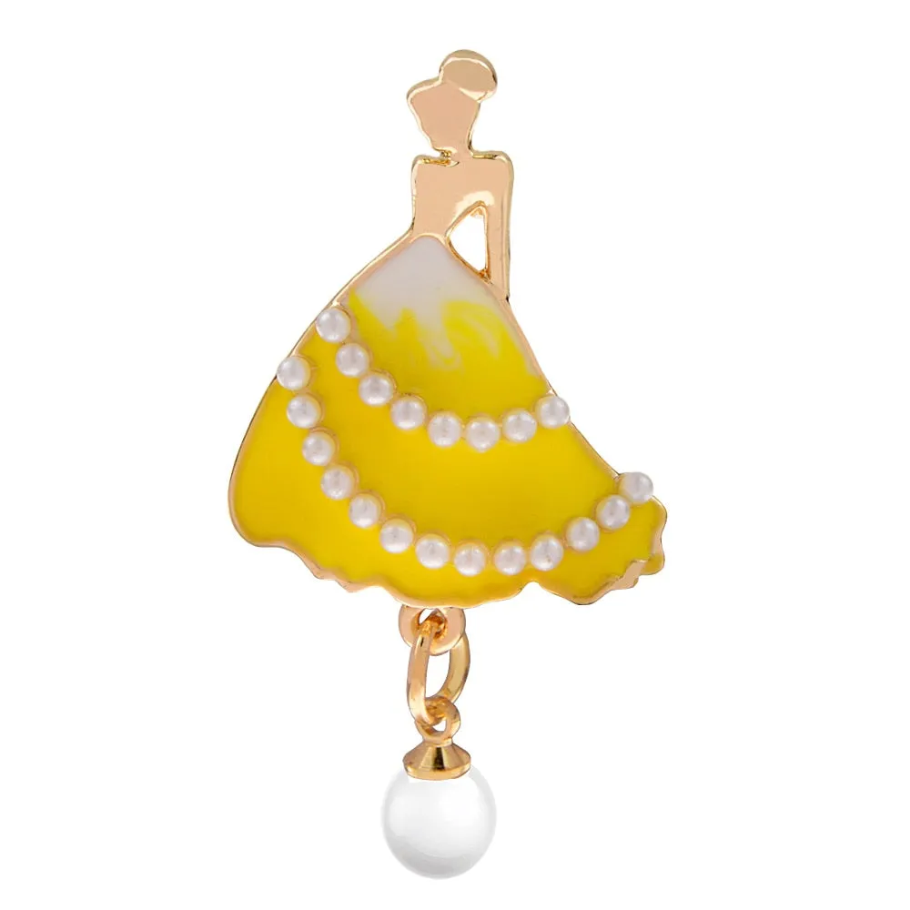 New Unique Enamel Dress Women Brooches Beautiful Girl Pearl Pendant Brooch