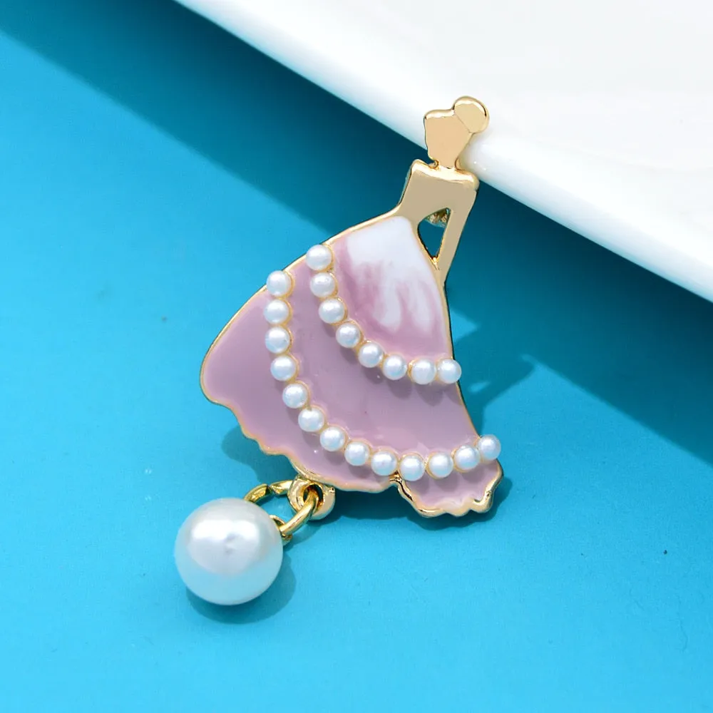 New Unique Enamel Dress Women Brooches Beautiful Girl Pearl Pendant Brooch