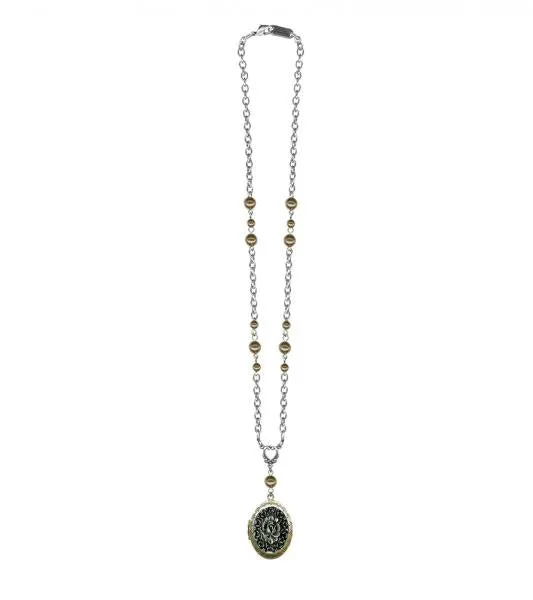 Oval Locket with Silver Rose Cluster Necklace - Brass Beads