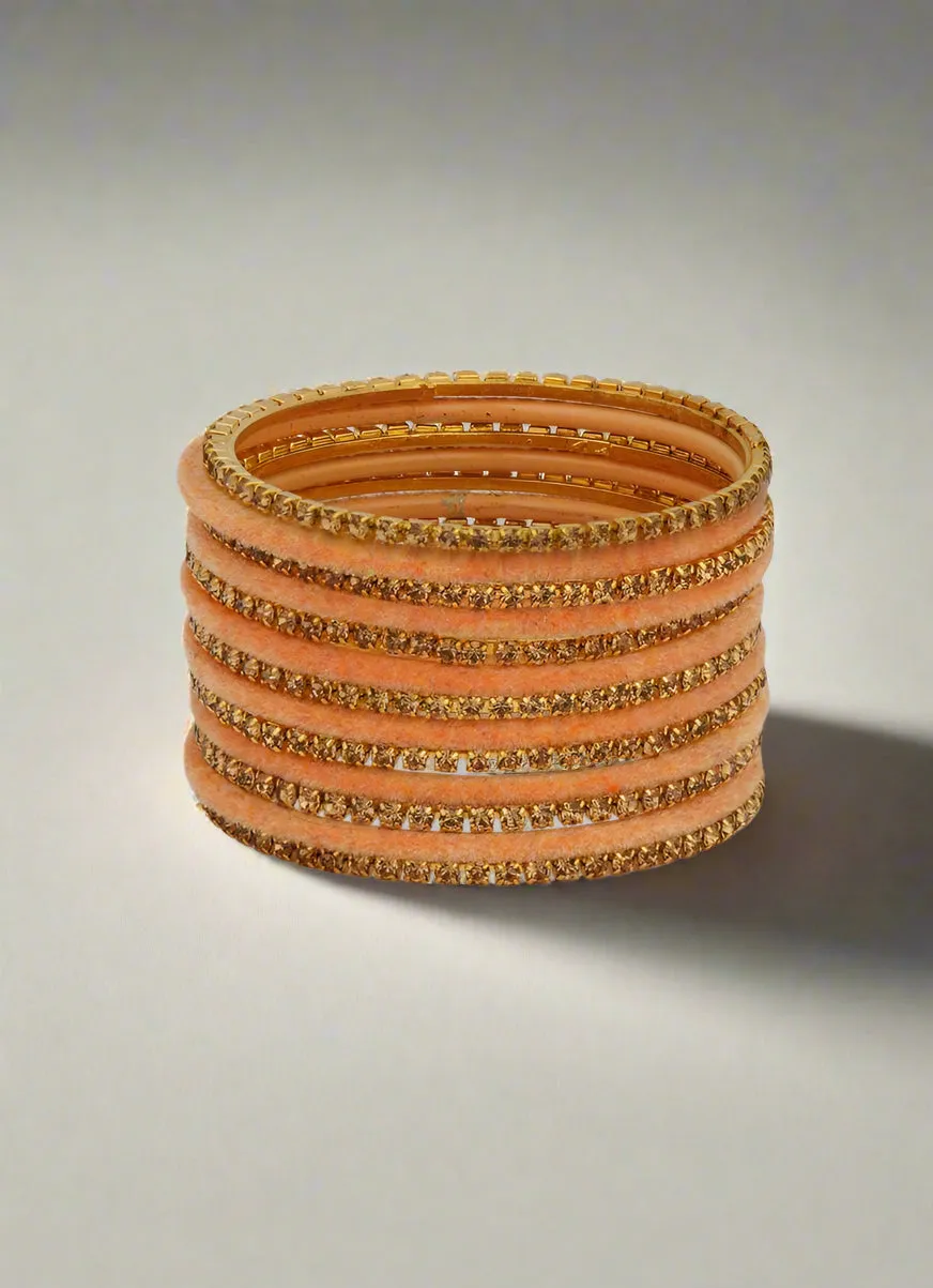 Peach Velvet & Diamante Kids Bangle Sets