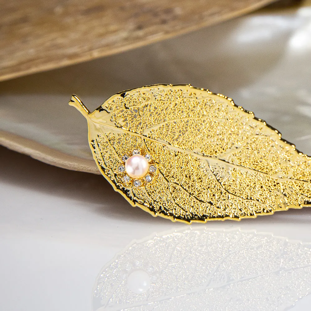 Pearls & Sparkling Zirconia on Eucalyptus Leaf Gold Brooch
