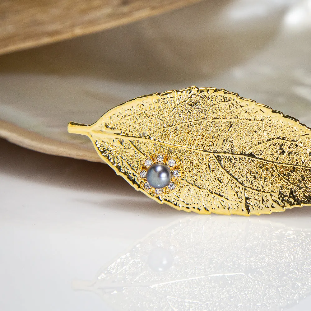 Pearls & Sparkling Zirconia on Eucalyptus Leaf Gold Brooch