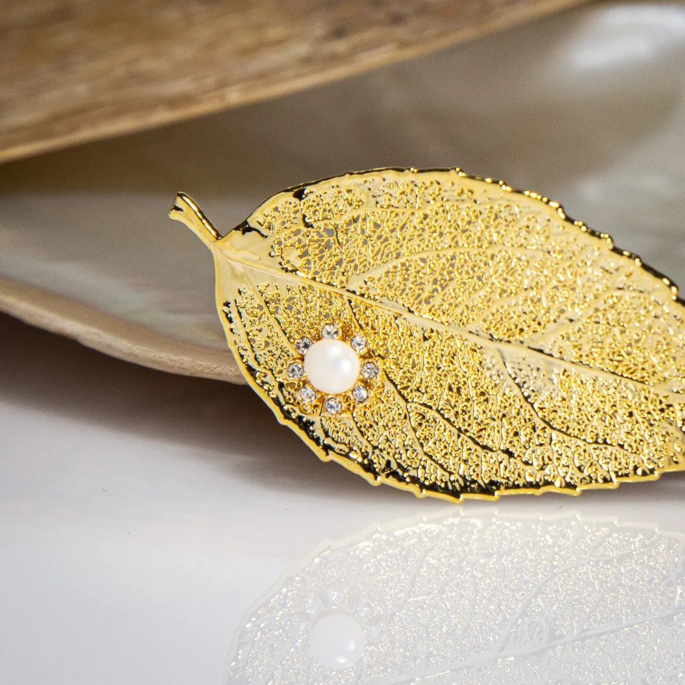 Pearls & Sparkling Zirconia on Eucalyptus Leaf Gold Brooch