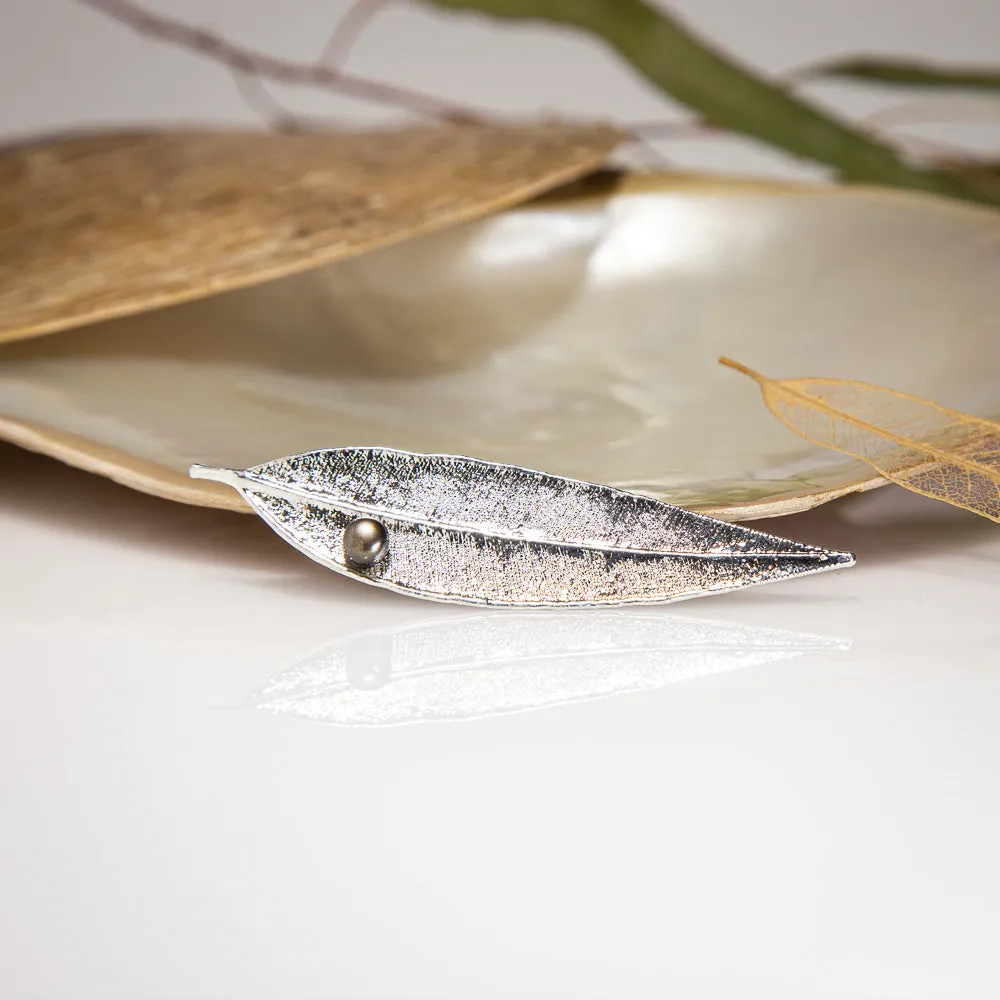 Pearls on Eucalyptus Red Gum Leaf Silver Brooch