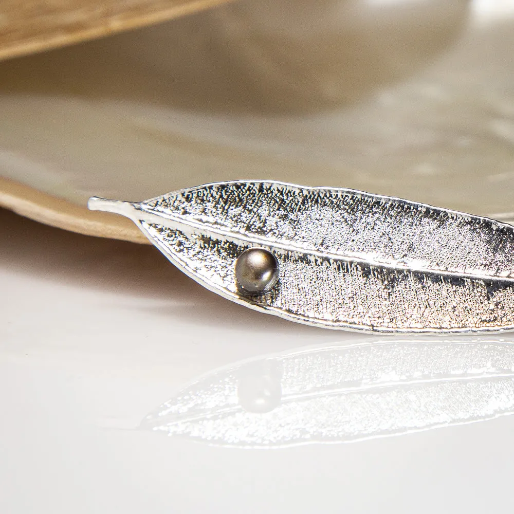 Pearls on Eucalyptus Red Gum Leaf Silver Brooch
