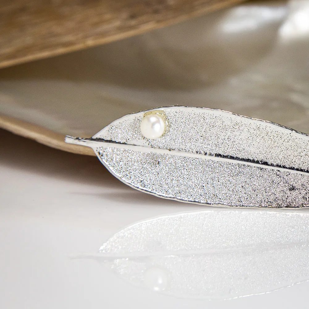 Pearls on Eucalyptus Red Gum Leaf Silver Brooch