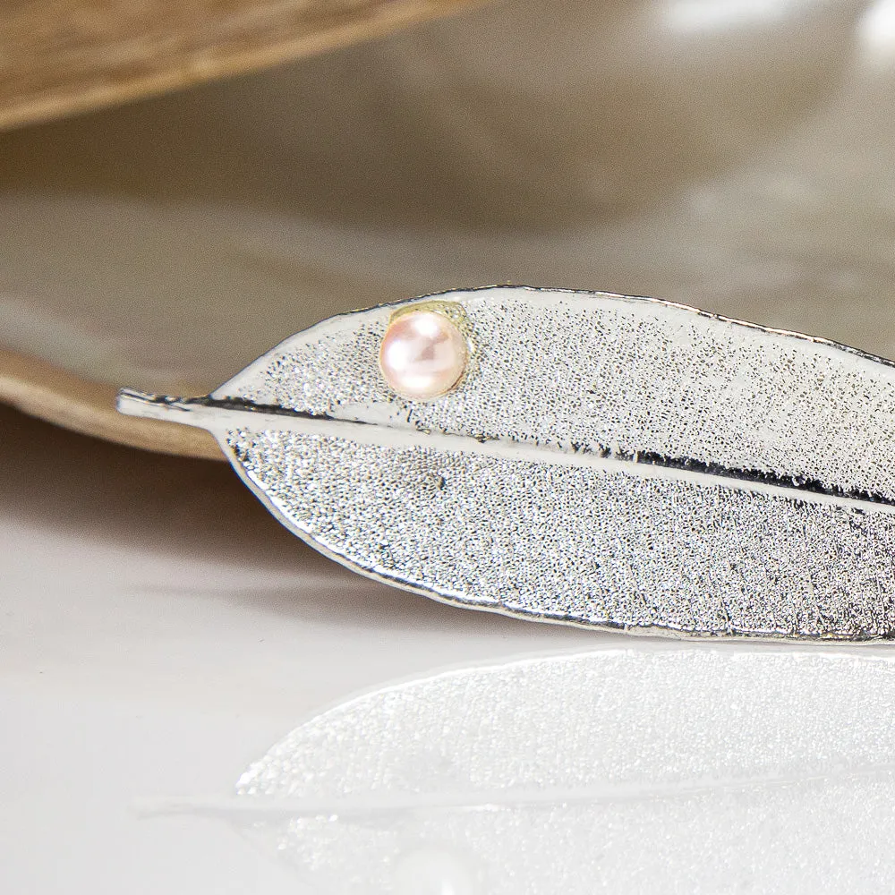 Pearls on Eucalyptus Red Gum Leaf Silver Brooch