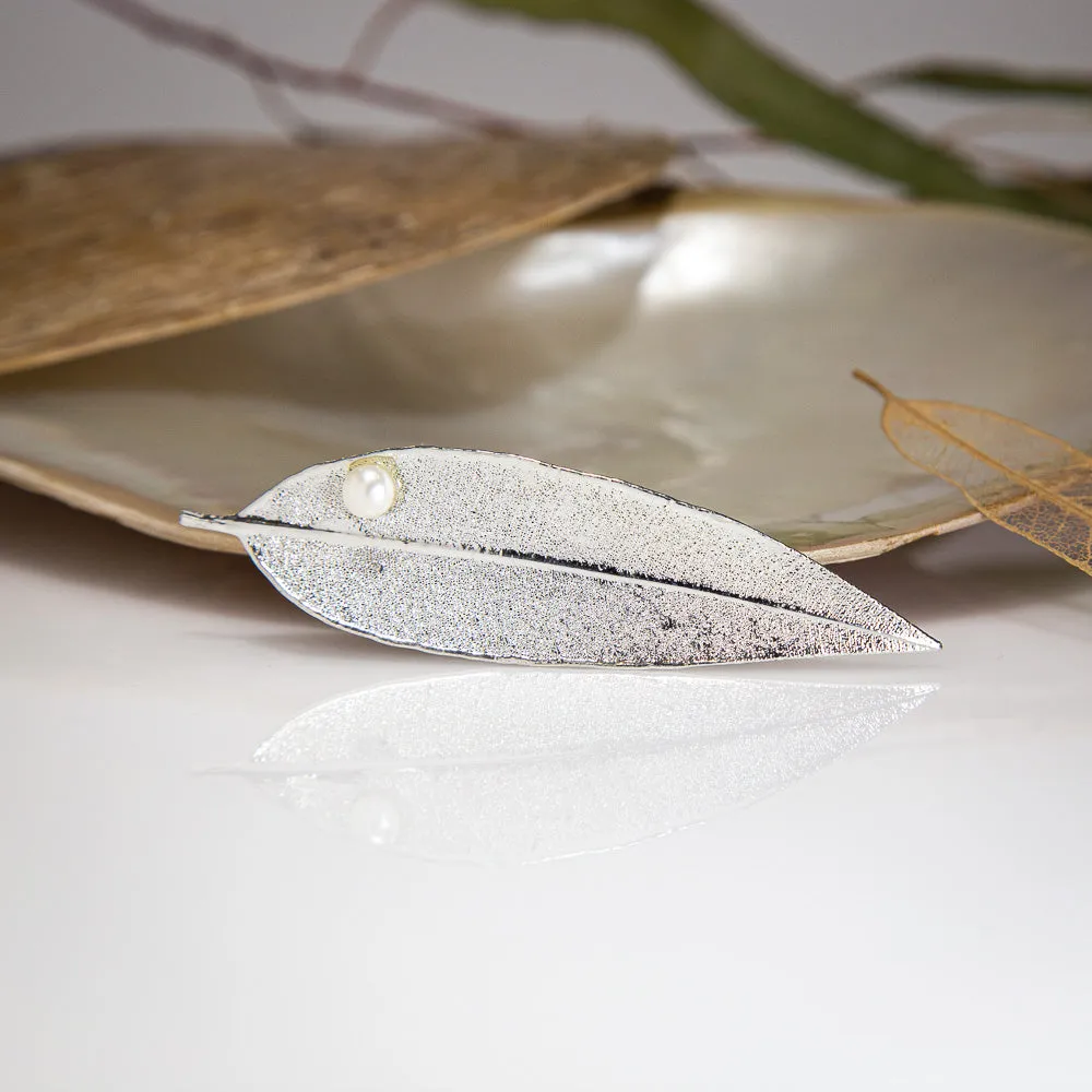 Pearls on Eucalyptus Red Gum Leaf Silver Brooch