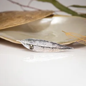 Pearls on Eucalyptus Red Gum Leaf Silver Brooch