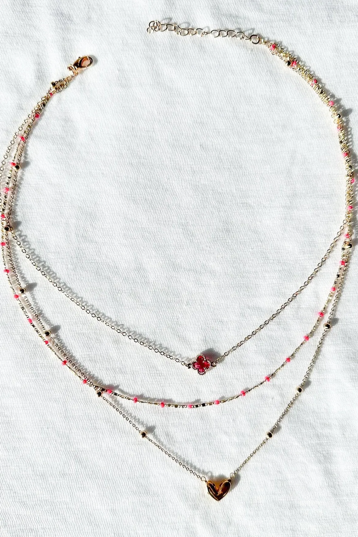 Pink Clover & Heart Charm Necklace