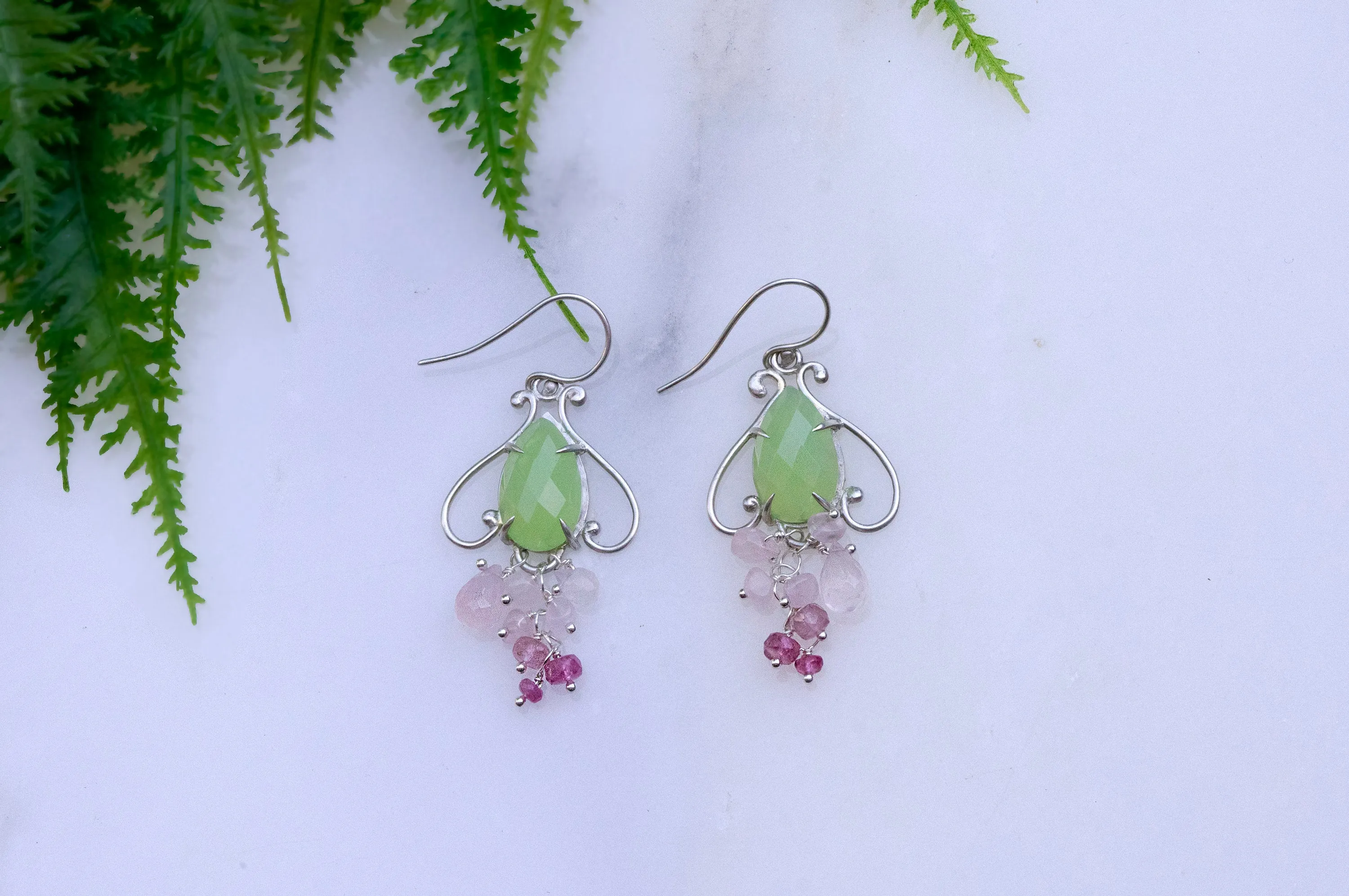 Prehnite chalcedony bell flower dangle earrings