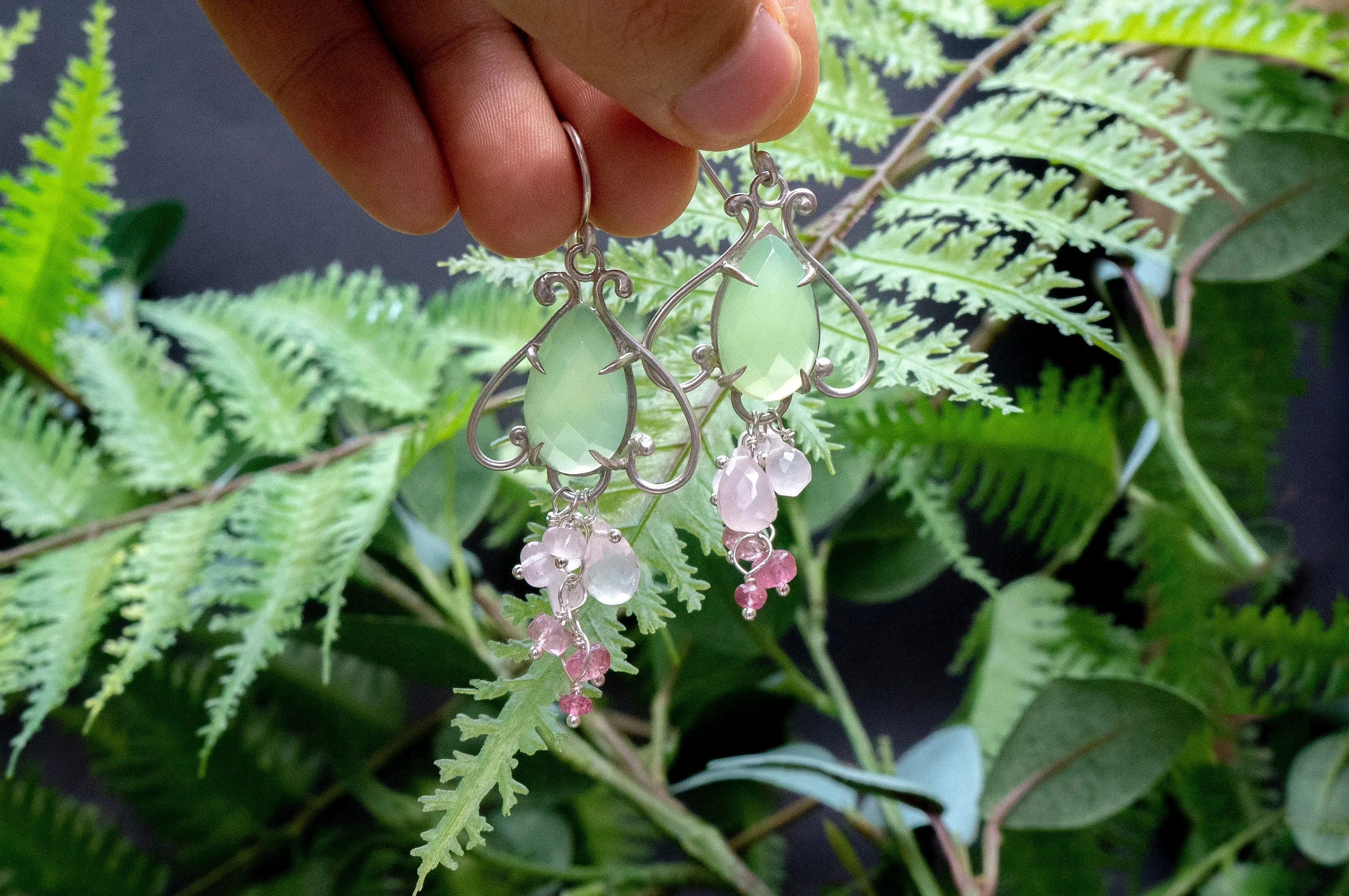 Prehnite chalcedony bell flower dangle earrings