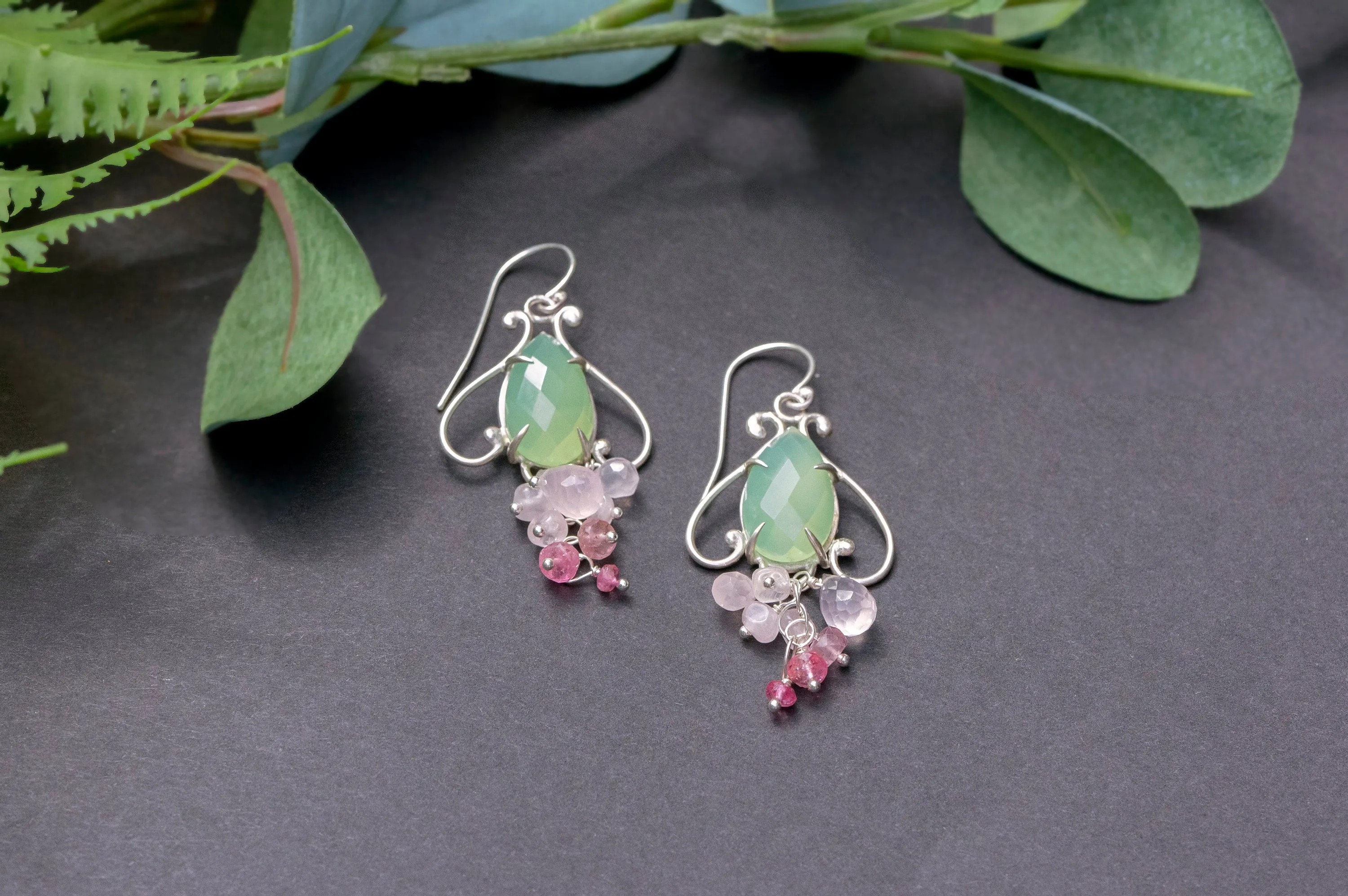 Prehnite chalcedony bell flower dangle earrings