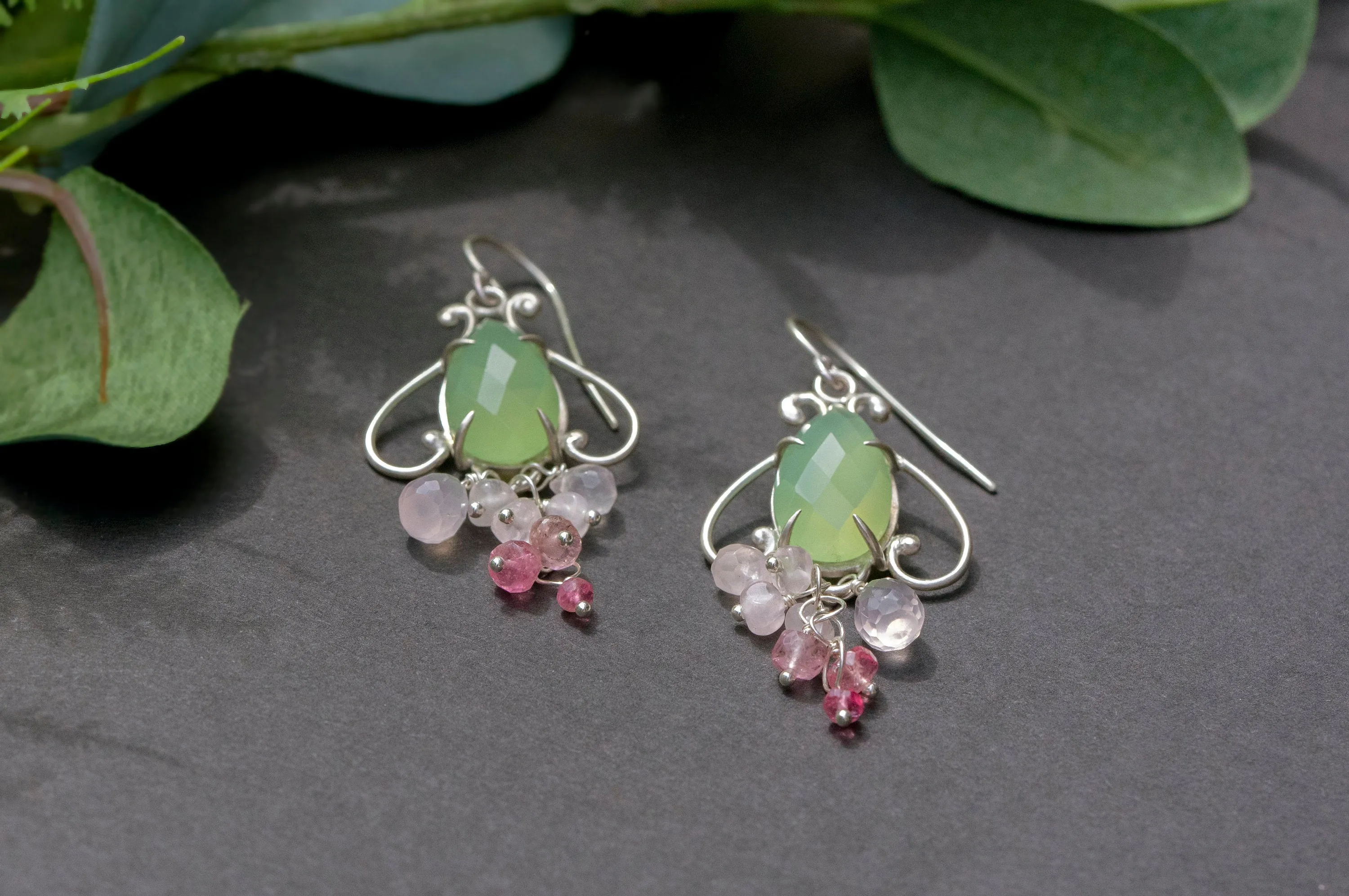Prehnite chalcedony bell flower dangle earrings