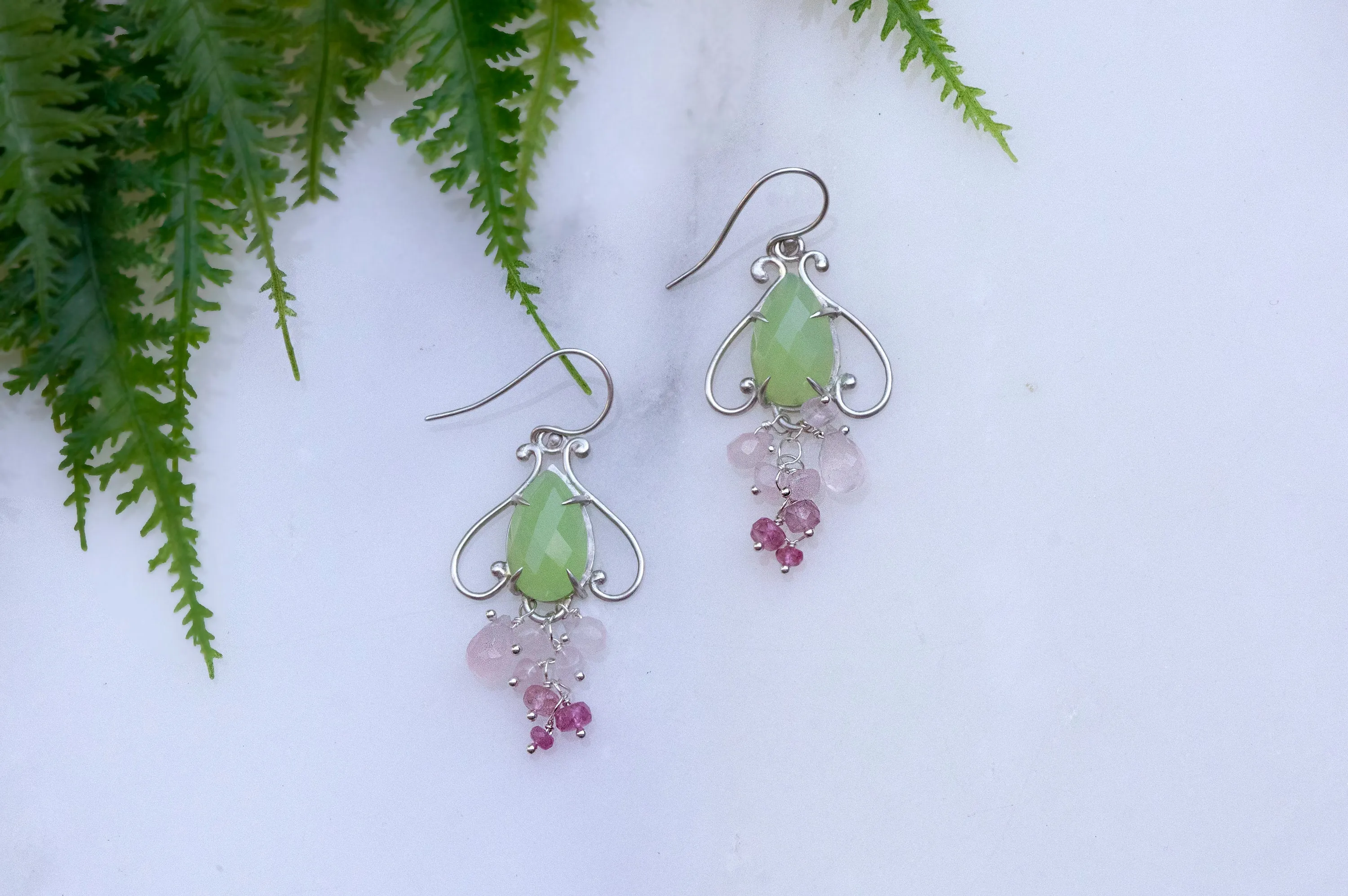 Prehnite chalcedony bell flower dangle earrings