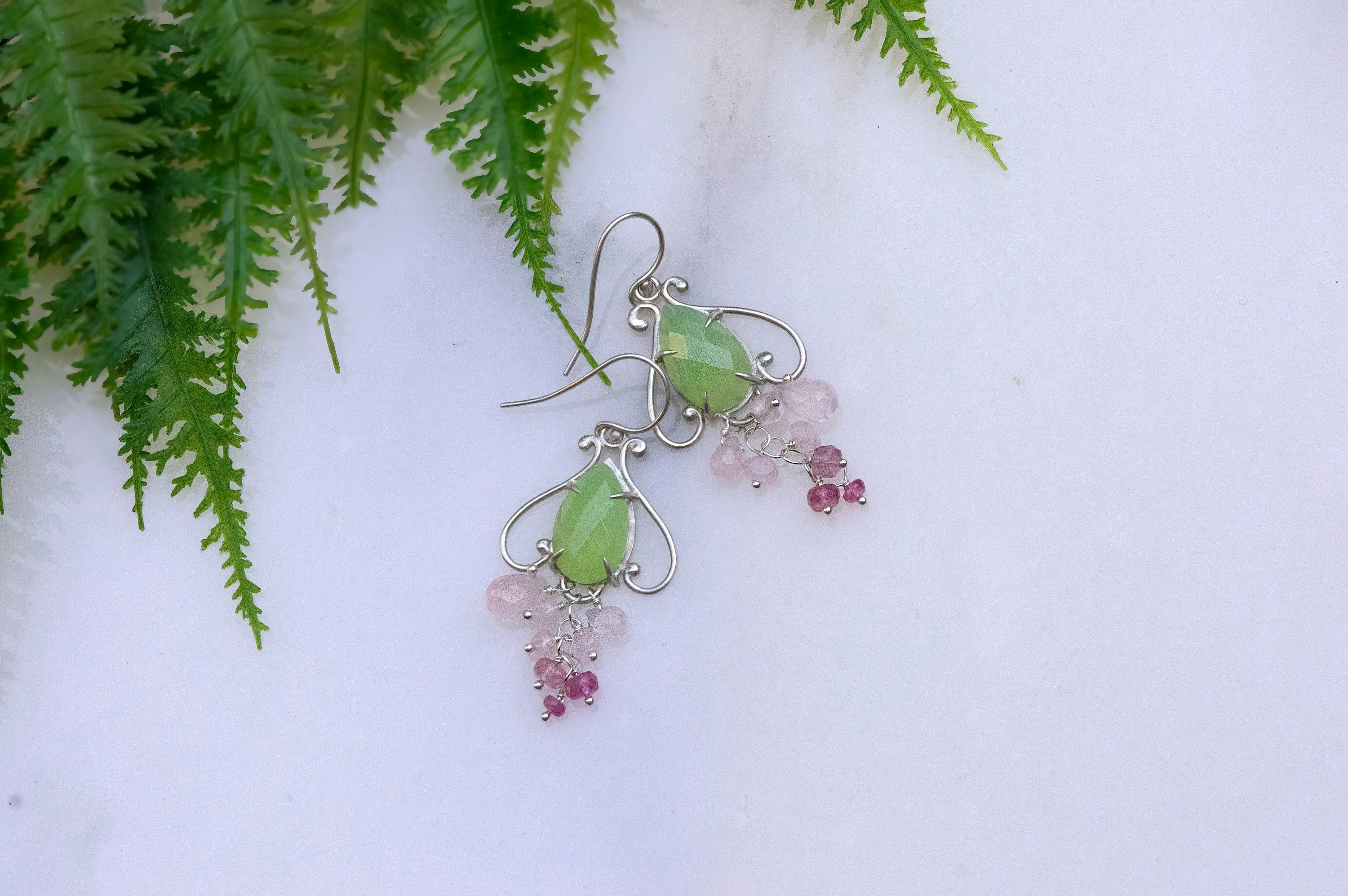 Prehnite chalcedony bell flower dangle earrings