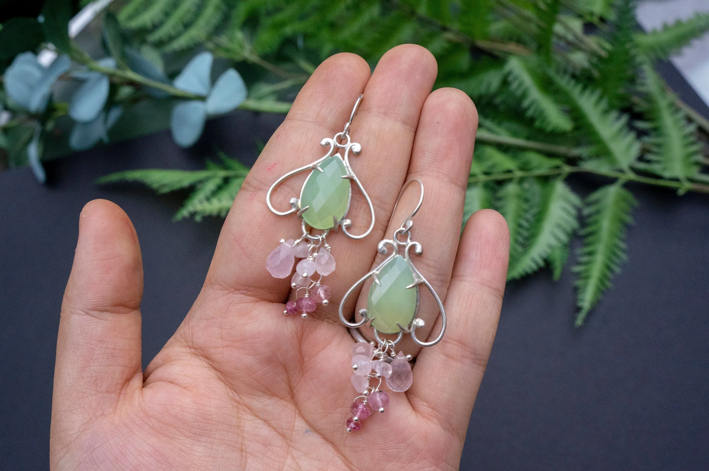Prehnite chalcedony bell flower dangle earrings
